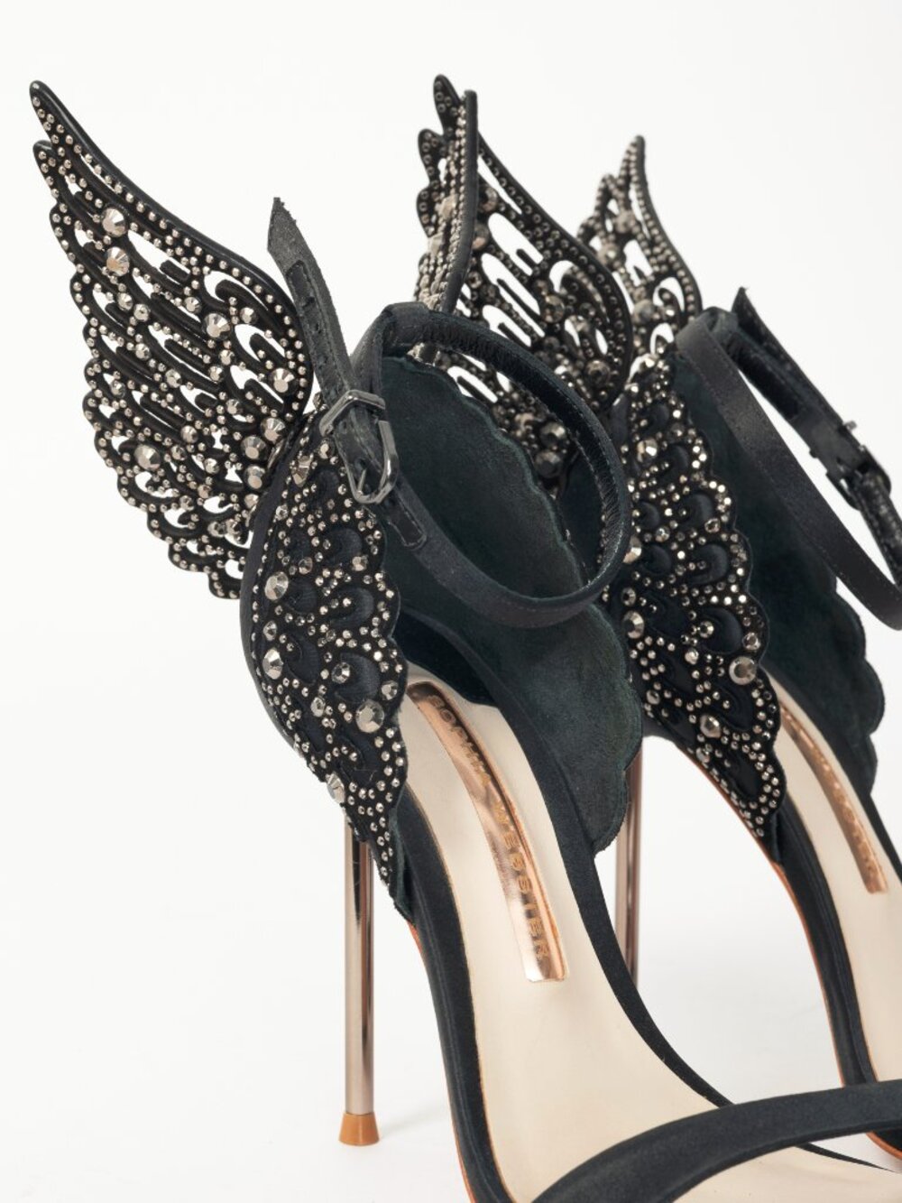 Sophia Webster Evangeline "Black" Crystal-Embellished Satin Sandals - Picture 7 of 10